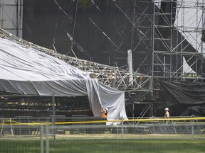 Investigators survey the scene at Downsview Park in Toronto, June 18, 2012, following a stage collapse just before a Radiohead concert, which left one man dead and 3 others injured.