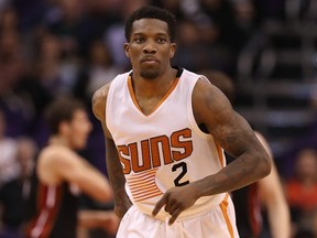 Eric Bledsoe #2 of the Phoenix Suns reacts after hitting a three point shot against the Miami Heat during the first half of the NBA game at Talking Stick Resort Arena on January 3, 2017 in Phoenix, Arizona.