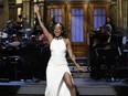 In this Nov. 11, 2017 photo released by NBC, comedian and actress Tiffany Haddish appears during the opening monologue on "Saturday Night Live," in New York. (Will Heath/NBC via AP)