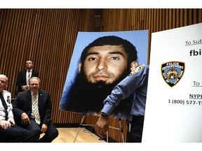 A picture of suspect Sayfullo Saipov is displayed during a news conference about yesterday's attack along a bike path in lower Manhattan that is being called a terrorist incident  on Nov. 1, 2017 in New York City.   (Spencer Platt/Getty Images)
Spencer Platt, Getty Images