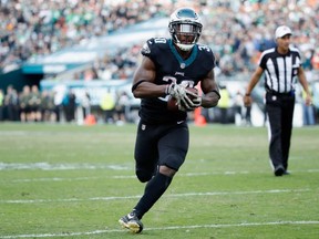 Running back Corey Clement #30 of the Philadelphia Eagles runs in a touchdown against the Denver Broncos during the third quarter at Lincoln Financial Field on November 5, 2017 in Philadelphia, Pennsylvania.  (Photo by Joe Robbins/Getty Images)