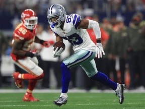 ARLINGTON, TX - NOVEMBER 05:  Terrance Williams #83 of the Dallas Cowboys carries the ball in the fourth quarter of a football game against the Kansas City Chiefs at AT&T Stadium on November 5, 2017 in Arlington, Texas.  (Photo by Ronald Martinez/Getty Images) ORG XMIT: POS2017110520360758