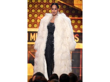 Host Tracee Ellis Ross speaks onstage during the 2017 American Music Awards at Microsoft Theater on Nov. 19, 2017 in Los Angeles.  (Kevin Winter/Getty Images)