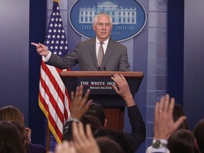 Secretary of State Rex Tillerson speaks to the media about North Korea during White House press briefing at the White House on November 20, 2017 in Washington, DC.