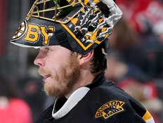 Anton Khudobin of the Boston Bruins looks on from his net in the second period against the New Jersey Devils on November 22, 2017 at Prudential Center in Newark, New Jersey. (Photo by Elsa/Getty Images)