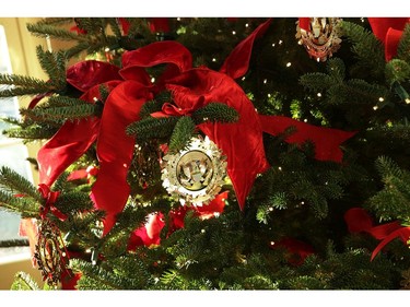 Ornaments on a Christmas tree at the White House during a press preview of the 2017 holiday decorations November 27, 2017 in Washington, DC. (Photo by Alex Wong/Getty Images)