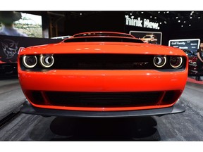 Dodge Challenger SRT Demon is displayed during the New York International Auto Show at the Javits center in New York on April 13, 2017.