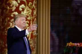 U.S. President Donald Trump attends a state dinner hosted by China’s President Xi Jinping in the Great Hall of the People in Beijing on November 9, 2017. THOMAS PETER/AFP/Getty Images