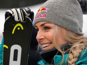 Lindsey Vonn of the US talks with reporters after her training for the FIS Ski World Cup Women's Downhill November 28, 2017 in Lake Louise, Alberta.