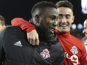 Toronto FC Jozy Altidore  congratulated after defeating the Columbus Crew at BMO Field on Nov. 29, 2017 (Jack Boland, Toronto Sun)