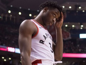 Toronto Raptors forward OG Anunoby reacts during a game against the New York Knicks on Nov. 17, 2017