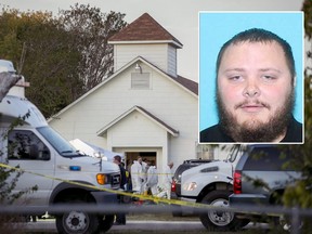 Investigators work at the scene of a deadly shooting at the First Baptist Church in Sutherland Springs, Texas, Sunday Nov. 5, 2017. Devin Kelley, 26, is the suspected shooter.