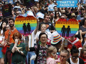 Supporters of marriage equality march near Victoria Park in Sydney, Australia, on Oct. 21, 2017. (Daniel Munoz/AAP Image via AP/Files)