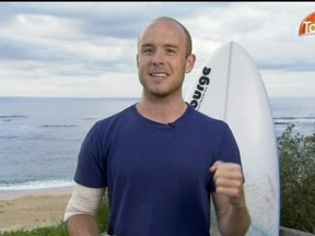 Surfer Charlie Fry is interviewed as he talks about being attacked by a shark at Avoca Beach, Australia, Tuesday, Nov. 14, 2017.   (Channel 9 Australia via AP)  BKCD801