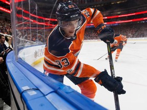 Edmonton Oilers' Matt Benning carries the puck against the Arizona Coyotes on Nov. 28, 2017