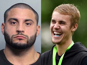 The photo on the left made available by the Miami Dade Police Department shows Michael Arana, under arrest, Thursday, Nov. 30, 2017 in Miami. Arana is the head of security for singer Justin Bieber. He was arrested in Miami following a car crash that injured two police officers. (Miami Dade Police Department via AP and Stuart Franklin/Getty Images)