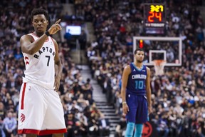 Toronto Raptors guard Kyle Lowry (7) signals a play change in the second half of NBA basketball action against the Charlotte Hornets in Toronto on Wednesday, November 29, 2017. THE CANADIAN PRESS