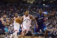 Toronto Raptors guard Kyle Lowry (7) drives past Charlotte Hornets forward Marvin Williams during the first half of NBA basketball action in Toronto on Wednesday, November 29, 2017. THE CANADIAN PRESS/Christopher Katsarov