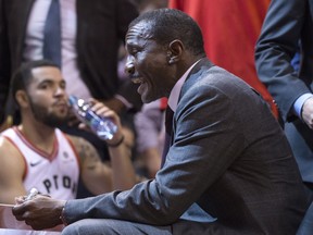 Toronto Raptors head coach Dwane Casey gives a talk during a break in first half NBA basketball action against the New York Knicks in Toronto on Friday, November 17, 2017. THE CANADIAN PRESS