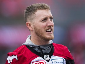 Stampeders quarterback Bo Levi Mitchell takes part in practice on Saturday. (THE CANADIAN PRESS)