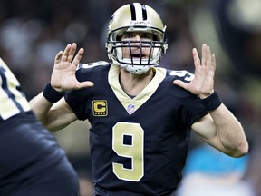 Drew Brees of the New Orleans Saints calls out the play at the line of scrimmage on Nov. 19, 2017