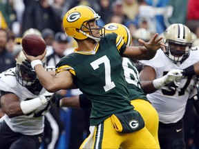 Packers quarterback Brett Hundley throws a pass during first half NFL action against the Saints in Green Bay, Wis., on Oct. 22, 2017. NFC North rivals looking for fixes on offence face off on Monday night when the Lions visit the Packers. (Mike Roemer/AP Photo)