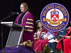 Dr. Deborah MacLatchy delivers an address on Tuesday October 31, 2017 during the Laurier Brantford fall convocation at the Sanderson Centre in Brantford, Ontario.