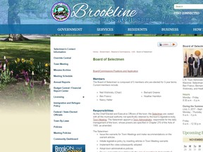 A screen grab of the Board of Selectmen web page for the town of Brookline, Mass.