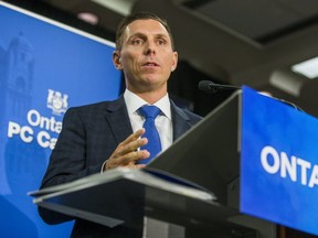 Ontario PC leader Patrick Brown reacts to the announcement of the 2017 Ontario Budget from the media lock out ahead of the official release in Toronto, Ont., on Thursday, April 27, 2017.
