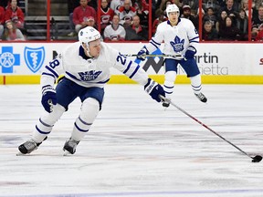 Connor Brown of the Toronto Maple Leafs moves the puck against the Carolina Hurricanes on Nov. 24, 2017