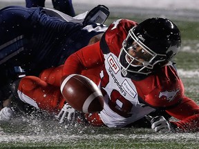 Calgary Stampeders' Kamar Jorden fumbles during fourth-quarter Grey Cup action on Nov. 26, 2017