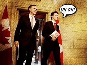 In this altered photo, Finance Minister Bill Morneau and Prime Minister Justin Trudeau leave the Prime Minister's office holding copies of the federal budget in Ottawa, Wednesday, March 22, 2017.
