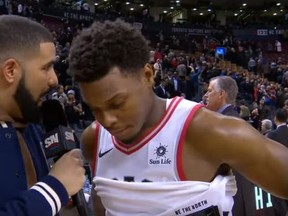 Drake interviews Kyle Lowry after the Raptors-Hornets game at the ACC on Nov. 29, 2017. (YouTube screengrab)