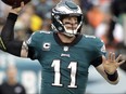 Eagles' Carson Wentz throws a pass during the first half of NFL action against the 49ers on Sunday, Oct. 29, 2017, in Philadelphia. (Michael Perez/AP Photo)