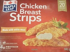 Maple Leaf Foods is recalling one of its chicken products, shown here in a handout image provided by Canadian Food Inspection Agency, due to possible contamination.