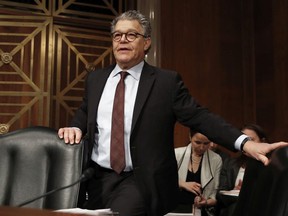 In this Nov. 29, 2017 photo, Senate Health, Education, Labor and Pensions Committee member Sen. Al Franken, D-Minn., arrives at a Senate Health, Education, Labor and Pensions Committee hearing on Capitol Hill in Washington.  An Army veteran has accused Franken of inappropriately touching her more than a decade ago while she was on a military deployment to Kuwait.  (AP Photo/Carolyn Kaster)