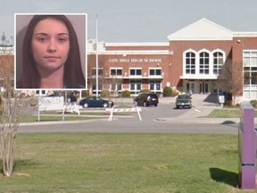 North Carolina teacher and cheerleading coach Katherine Ridenhour is accused of having an inappropriate relationship with a17-year-old student. (Concord Police Department/Google Maps)
