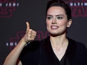 British actress, Daisy Ridley, part of the cast of "Star Wars: the last Jedi" gives her thumb up during a press conference to promote the film in Mexico City on November 21, 2017. (RONALDO SCHEMIDT/AFP/Getty Images)