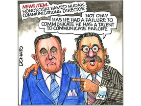 Toronto Sun columnist Mark Bonokoski stands with his arm around then PC Leader Tim Hudak and says, “NOT ONLY HAS HE HAD A FAILURE TO COMMUNICATE HE HAS A TALENT TO COMMUNICATE FAILURE.” (Andy Donato/Toronto Sun)