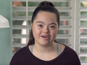 Madison Tevlin, 15, is seen in this undated handout still image taken from video. Tevlin is part of video for the "Anything But Sorry" campaign, in which young people with Down syndrome satirically suggest other phrases people can say when parents have a baby with the genetic condition. THE CANADIAN PRESS/HO-Canadian Down Syndrome Society, Elias Campbell, *MANDATORY CREDIT*