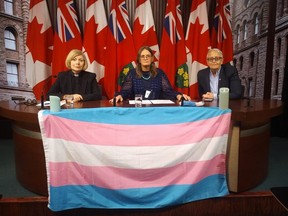 Ontario NDP MPP Cheri DiNovo (L) sits with Trans activist Susan Gapka (C) and Helen Kennedy (R) of Egale Canada during a press conference in favour of a private member's bill to make Trans Day of Remembrance law in Ontario on November 30, 2017 in Toronto.