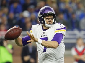 Minnesota Vikings quarterback Case Keenum throws during the first half of an NFL football game against the Detroit Lions, Thursday, Nov. 23, 2017, in Detroit. (AP Photo/Rick Osentoski)