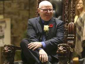 Toronto Sun sports writer Steve Buffery ascends the throne at the Etobicoke Sports Hall of Fame induction ceremony at the Old Mill on Nov. 9, 2017. Jack Boland/Toronto Sun