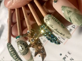 Examples of Bernadette Thompson's "money nails," which the manicurist first created in the mid-1990s. MUST CREDIT: Bernadette Thompson
Bernadette Thompson, Bernadette Thompson