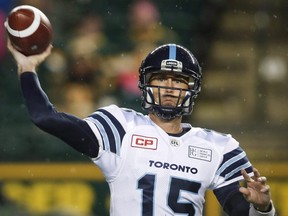 Toronto Argonauts quarterback Ricky Ray throws the ball during second half CFL football action against the Edmonton Eskimos, in Edmonton, Saturday, Oct. 14, 2017. Quarterbacks Mike Reilly and Ray, the league's top two passers, were named team finalists for the CFL's outstanding player award. THE CANADIAN PRESS/Jeff McIntosh ORG XMIT: CPT115