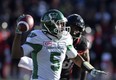 Saskatchewan Roughriders quarterback Kevin Glenn (5) throws the ball during Eastern semifinal CFL action against the Ottawa Redblacks, in Ottawa on Sunday, Nov. 12, 2017. THE CANADIAN PRESS/Justin Tang