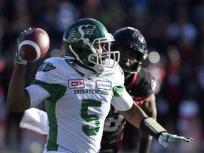 Saskatchewan Roughriders quarterback Kevin Glenn (5) throws the ball during Eastern semifinal CFL action against the Ottawa Redblacks, in Ottawa on Sunday, Nov. 12, 2017. THE CANADIAN PRESS/Justin Tang