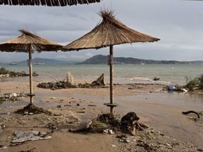 A dog sits on a flooded beach in Nea Peramos west of Athens on Friday, Nov. 17, 2017.  Greece's fire department says two more people have been reported missing after deadly flash flooding west of Athens that is confirmed to have killed at least 16 people.(AP Photo/Petros Giannakouris)