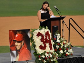 Brandy Halladay, widow of Roy Halladay, talks about her husband during a memorial tribute on Nov. 14, 2017.