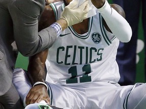 Celtics’ Kyrie Irving suffered a minor facial fracture in Friday’s game against the Hornets. The guard will not be in the Celtics’ lineup this afternoon against the Raptors. (AP)